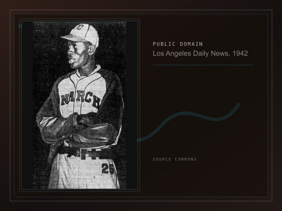 Public-domain archive plate built from a black-and-white 1942 photograph of Satchel Paige.